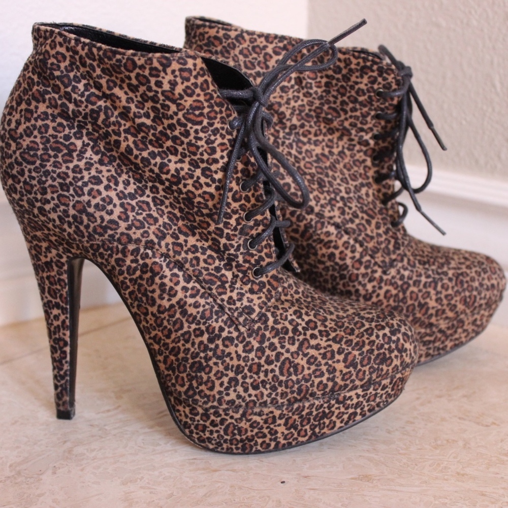 Leopard Print High Heel Lace Up Booties